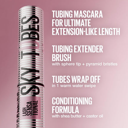 Maybelline Lash Sensational Sky Tubes Tubing Mascara, Extension-Like Lengthening and Volumizing Mascara, 24HR Eye Makeup with Shea Butter & Castor Oil, Very Black, 1 Count