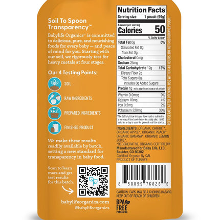 Babylife Organics Stage 2 - Carrot, Apple, Peach & Banana, 3.5 Ounce Pouch (6 Pack) - Heavy Metal Safe, Organic Baby Food