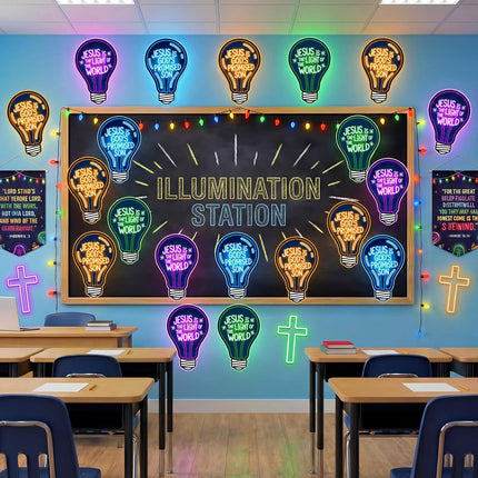Sabary 16 Pcs VBS 2026 Light Bulb Cutouts Illumination Decorations 7.8x12.2 Inch Christian Jesus Neon Light Bulb Paper Cutout Set for VBS Church Decorations Bulletin Board Craft Classroom Wall Decor