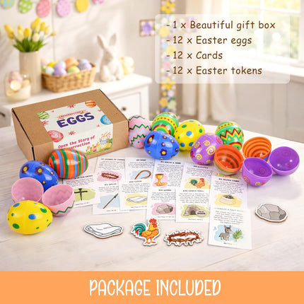 12 Pcs Resurrection Easter Story Eggs with 12 Pcs Wooden Religious Symbols and Matching Story Cards, Empty Resurrection Eggs for Easter Basket Stuffers and Egg Hunt, Christian Gifts for Kids