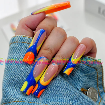 10PCS Colorful Swirl Press On Nails – Long Coffin Fake Nails with Blue, Orange & Yellow Abstract Design, Glossy Reusable Y2K Nails for Women and Girls – Euphrosyne