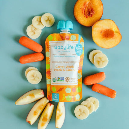 Babylife Organics Stage 2 - Carrot, Apple, Peach & Banana, 3.5 Ounce Pouch (6 Pack) - Heavy Metal Safe, Organic Baby Food