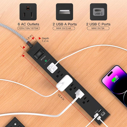 2 Pack Surge Protector Power Strip, Slim Flat Plug, Braided Extension Cord, 5-Foot, 900 Joules, 6 Outlets 4 USB Ports, Wall Mount for Home Office Dorm