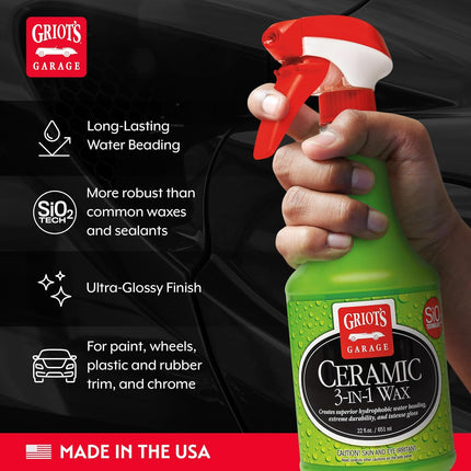 Griot's Garage Ceramic 3-in-1 Wax, SiO2 Spray for Cars, Trucks, and RV’s, Provides Protection and Water Beading on Paint, Wheels, Plastic, Rubber Trim, Chrome, and More, 10978, 22 oz