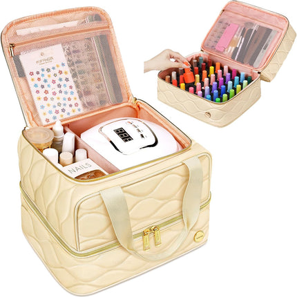 Nail Polish Organizer Case Holds 42+ Bottles (15ml/0.5 fl.oz), 2-Layer Nail Kit Bag with Compartments for Nail Supplies, UV Lamp, Nail Tech Organizers and Storage for Manicure Tools, Beige