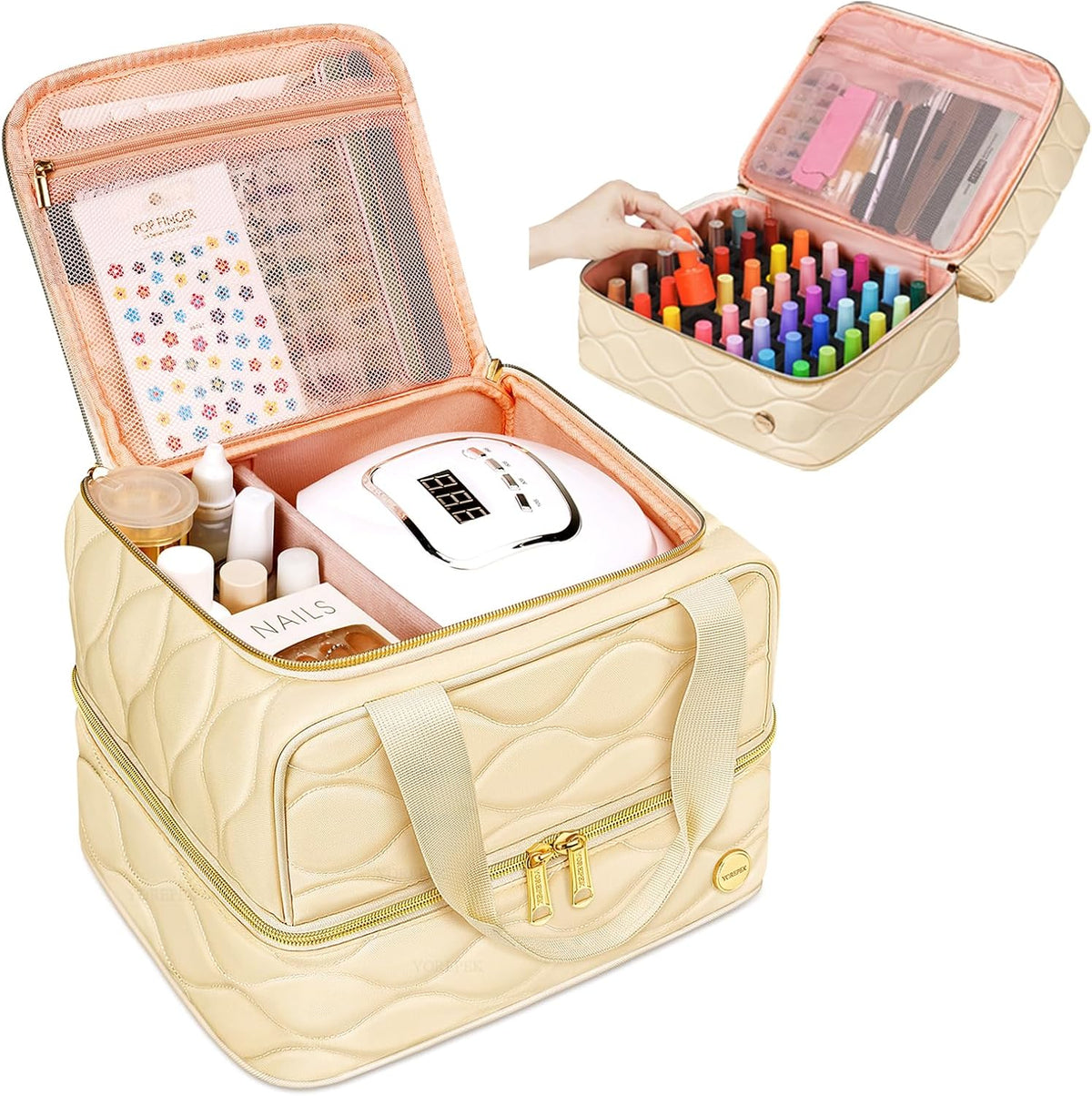 Nail Polish Organizer Case Holds 42+ Bottles (15ml/0.5 fl.oz), 2-Layer Nail Kit Bag with Compartments for Nail