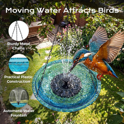 Solar Powered Hanging Bird Bath Fountain, Hanging Bird Bath Fountains Solar Power Outdoor Solar Powered Bird Bath for Deck Patio Yard Lawn, Attracts Hummingbirds,Blue