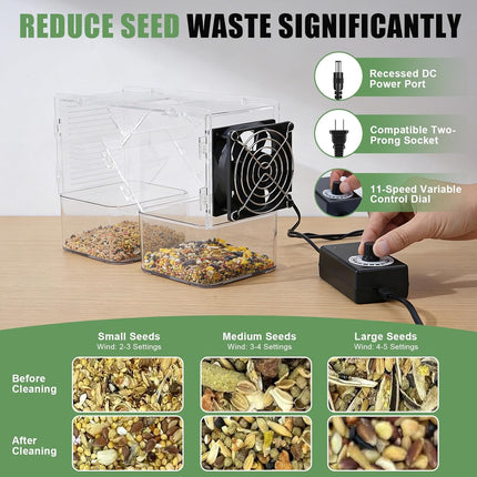Bird Seed Husk Separator - Transparent Acrylic Seed Cleaner with Adjustable Speed Fan | Fast & Washable Shell Remover for Parrot, Cockatiel & Parakeet Food