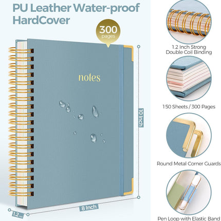 SKYDUE Hardcover Spiral Notebook, 300 Pages 8" x 10" College Ruled Notebook for Work with Dividers & Pockets, 5 Subject Notebook Journals for Women, Double Wire Bound, Tab Stickers Included, Blue