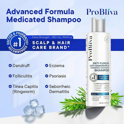 ProBliva Anti-Fungal Anti-Dandruff & Seborrheic Dermatitis Psoriasis Shampoo – Medicated Scalp Treatment Shampoo for Dandruff & Seborrheic Dermatitis – Relieves Flaky, Itchy & Dry Scalp (8.4 fl oz)