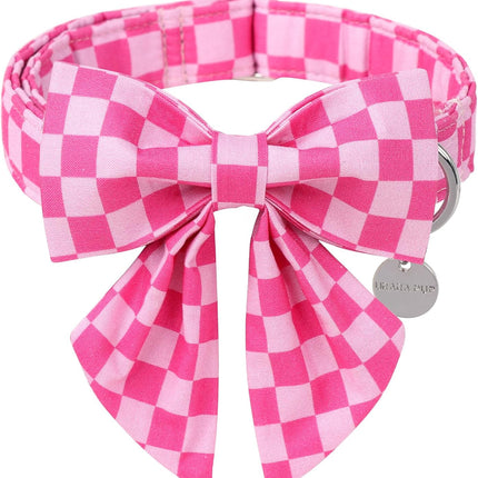 Dog Collar with Bow Tie,UP URARA PUP Pink Plaid Bowtie Dog Collar, Summer Bowtie Collar for Puppy Boy Girl Dog, Comfortable Cotton Dog Collar with Metal Buckle,S,Neck 10-16in, PinkPlaid CS