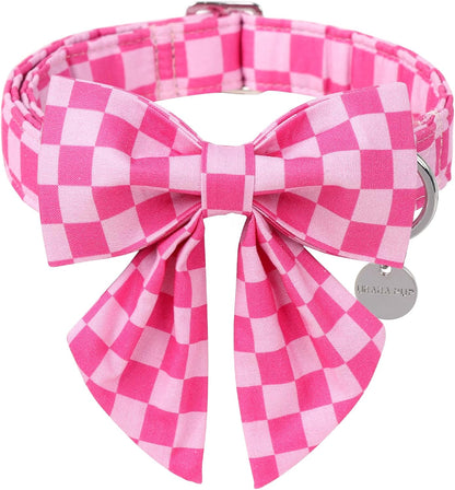 Pink Plaid Dog Collar with Bow Tie, Small