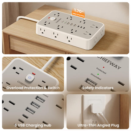 6 FT Surge Protector Power Strip with 6 USB, 16 Outlets, 2400J - photo 7