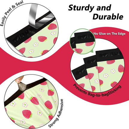 Poly Mailers 10x13 Inch 100 Pcs - Strawberries printed Shipping Bags, 2.4mil Thickness, Waterproof and Tear Resistant Mailing Envelopes, Self-Sealing Packaging Bags for Small Business