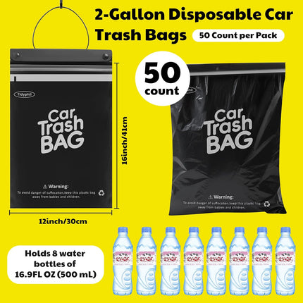 50 Bags Tidyphil Hanging Car Trash Bags Disposable, Leak-proof, Odor Seal. 2 Gallon Car Garbage Bags. Alternative to Car Trash Can, Easy Stick-On Car Garbage Can for Car,SUV, Truck, Vehicle, Stroller.