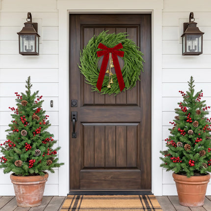 Christmas Decor, 24" Norfolk Pine Christmas Wreath with Velvet Bow & Bells