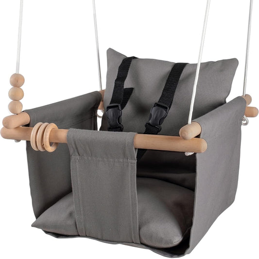 Indoor Outdoor Baby Swing with 3-Point Harness and Hardware for Ceiling, Porch, Doorway, Canvas Toddler Swing Seat Dark