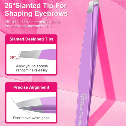 Expert Slant Tip Tweezers with Leather Case, GlamTweeler Sharp & Precision Stainless Steel Tweezer for Eyebrows, Facial Hair and Fine Hairs Removal (Violet)