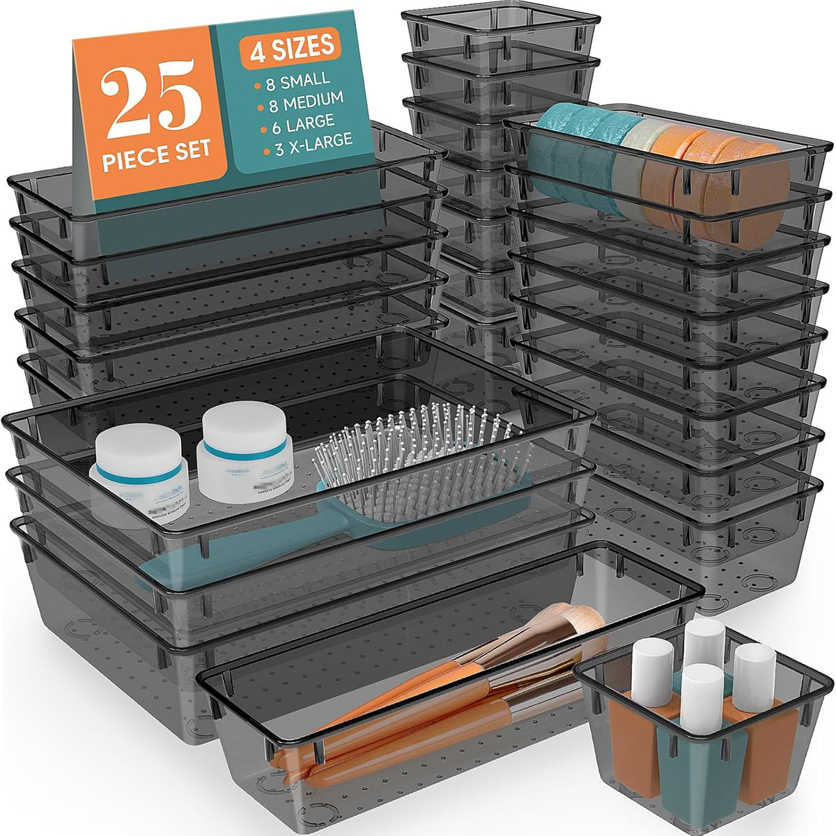 25 PCS Plastic Drawer Organizer Set, Desk Drawer Divider Organizers and Storage Bins for Makeup, Jewelry, Gadgets for