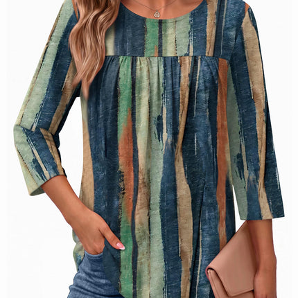 Womens 3/4 Length Sleeve Tops Boho Blouses Casual Pleated Shirts