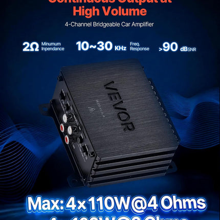 4 Channel Car Audio Amplifier 2 Ohm Stable Bridgeable Class D Full Range Amp Max Power 4 x 110W @ 4 Ohm / 4 x 160W @ 2 Ohm for Car SUV Truck Off-Road