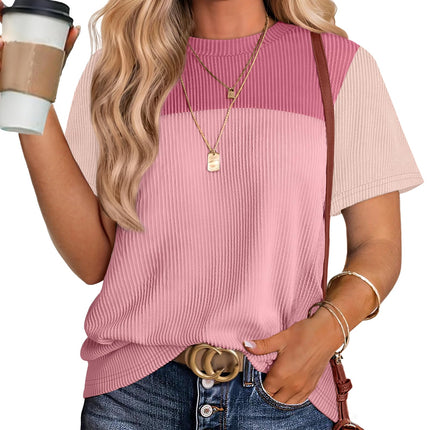 Womens Fashion 2026 Color Block Shirts Short Sleeve Knitted Summer Fall Tops Casual Trendy