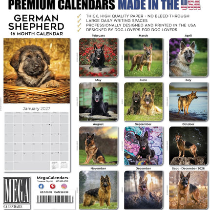 German Shepherd Calendar 2026 – 16-Month Dog Breed Wall Calendar by MegaCalendars – Large Daily Blocks, Thick No-Bleed Paper, Made in USA