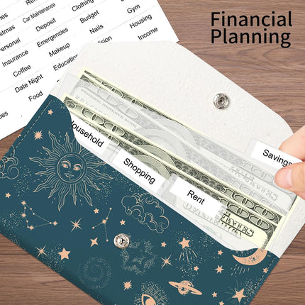 PU Leather Cash Envelopes Wallet, Reusable Money Savin Wallet, Cute Budget Envelope with 4 Dividers & 1 Sheets Budget Labels Galaxy Night Sky