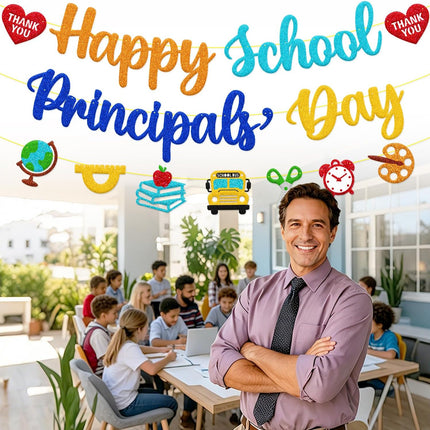Happy School Principals’ Day Banner, Principal Appreciation Decorations – Thank You from Teachers, Staff, PTO & PTA, We Appreciate Your Leadership Decor for School, Office & Classroom