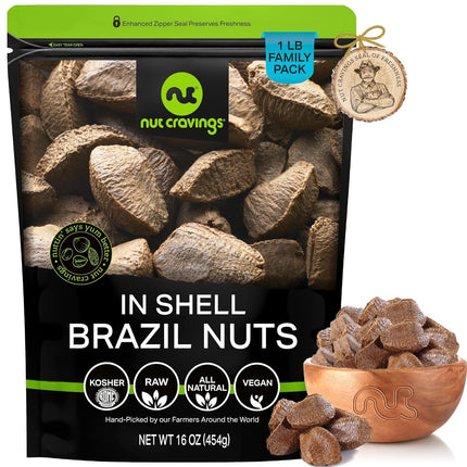 Raw Brazil Nuts In Shell - Whole, (16oz - 1 LB) Packed Fresh in Resealable Bag - Healthy Protein Food Snack, Food Assortments