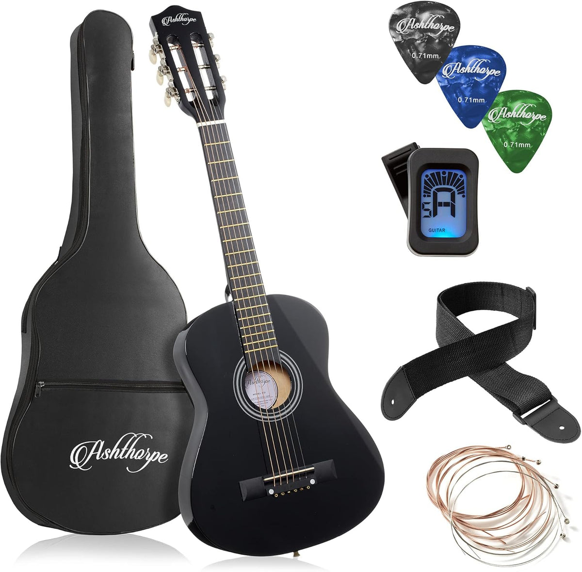30-inch Beginner Acoustic Guitar Package (Black), Basic Starter Kit w/Gig Bag, Strings, Strap, Tuner, Picks