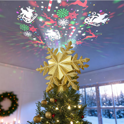 Christmas Tree Topper with Rotating Snowflake Projector, Silver
