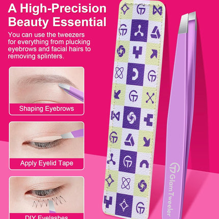 Expert Slant Tip Tweezers with Leather Case, GlamTweeler Sharp & Precision Stainless Steel Tweezer for Eyebrows, Facial Hair and Fine Hairs Removal (Violet)