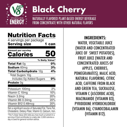 V8 +ENERGY Black Cherry Energy Drink, 11.5 fl oz Can (Pack of 4)