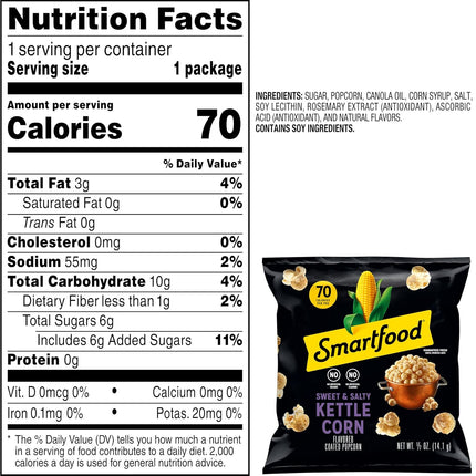 Smartfood Popcorn, Sweet & Salty Kettle Corn, 0.5 Ounce (Pack of 40)