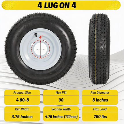 2PCS 4.80-8 480-8 4.80 x 8 with 4 Lug Trailer Tire, Max Load 760 LBS 90PSI, Center Bore 2.85", 2 Pack 4.80 8 Tires with 4 Lug on 4 inch, Muti Function Lawn Mower & Tractor Turf & Boat Tire