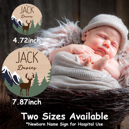 Personalized Newborn Baby Name Sign for Hospital, Baby Name Sign for Nursery, Birth Announcement - Hello World Arrival Sign - Available in 5 and 8 Inches (Customizable, Green Deer)