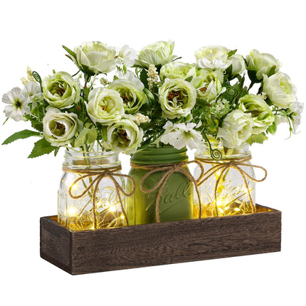 3 Pcs Mason Jar Centerpiece Table Decorations for Dining Table Decor Farmhouse Coffee Table Decor with Wood Tray and Led Light Table Centerpieces for Dining room Kitchen Living Bathroom,Orange