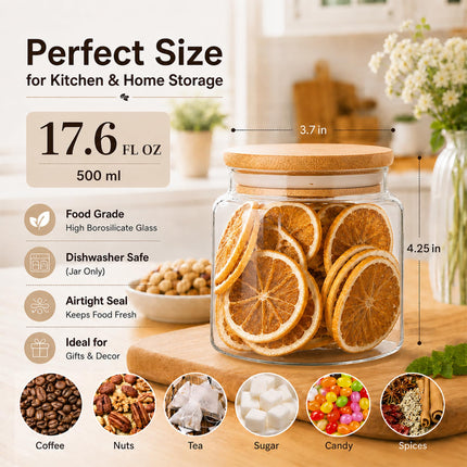 17 floz Small Glass Storage Containers with Lids,Candy Jar with Lid, Glass Food Storage Containers for Kitchen Counter, Pantry, Decorative Jar for Coffee, Sugar,Tea, Cute Jar(Bamboo 17 FL OZ)
