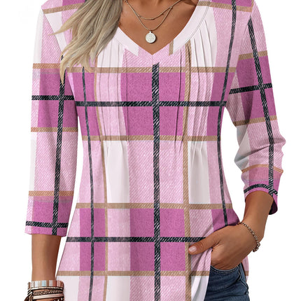 3/4 Length Sleeve Womens Tops V Neck Pleated Boho Floral Blouses