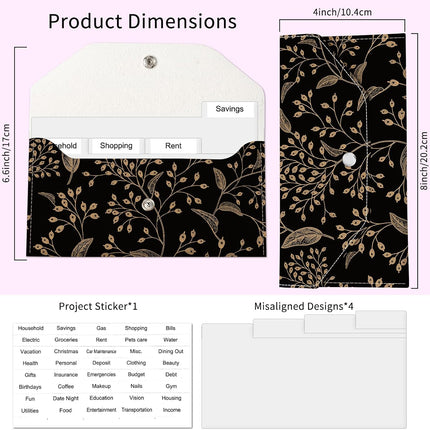 PU Leather Cash Envelopes Wallet, Reusable Money Savin Wallet, Cute Budget Envelope with 4 Dividers & 1 Sheets Budget Labels Black Botanical Pattern
