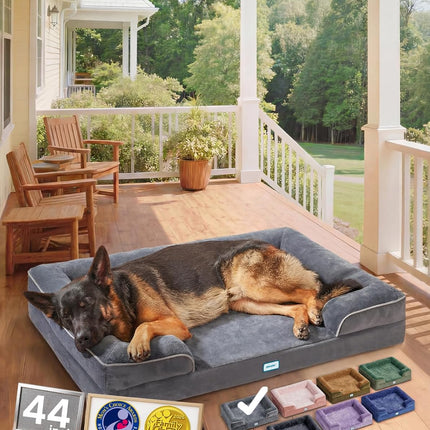 OhGeni Orthopedic Dog Bed Couch Big Cat Sofa for Extra Large Sized Pets with Memory Foam, Machine-Washable Waterproof Removable Cover, Soft Comfortable Fabric, 44-inch (Gray)