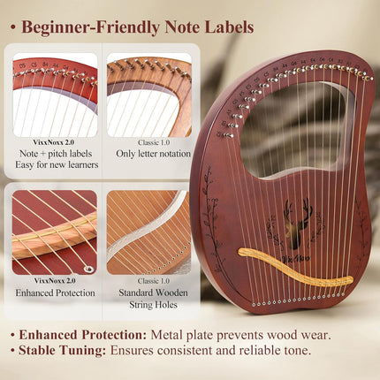 Lyre Harp, 19-String Mahogany Lyra Harp Kit, Stringed Musical Instruments with Tuning Wrench Bag Instructions Extra Strings for Beginners Adults