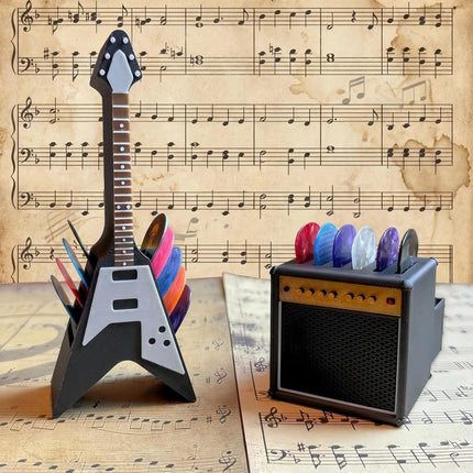 Guitar Picks Holder Box, Pick Display Holder, Amp Speaker Styled Pick Holder and V-Shaped Guitar Pick Holder, Pick Storage Box Set for Guitar Players and Music Enthusiasts