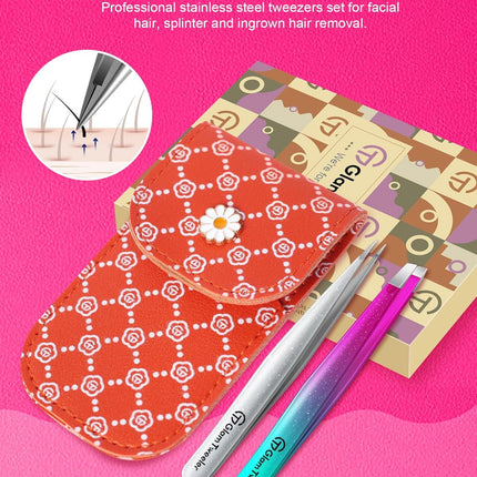 Expert Slant and Point Tip Tweezer Set with Exclusive Travel Case, GlamTweeler Sharp & Precision Tweezer Set for Eyebrows, Facial Hairs & Fine Hairs Removal (Sparkle Purple & Turquoise + Silver)
