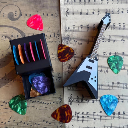 Guitar Picks Holder Box, Pick Display Holder, Amp Speaker Styled Pick Holder and V-Shaped Guitar Pick Holder, Pick Storage Box Set for Guitar Players and Music Enthusiasts