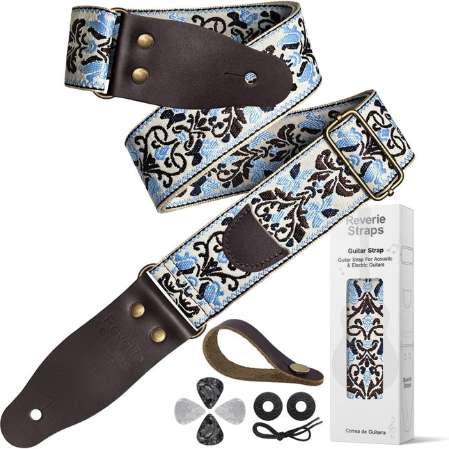 Jacquard Embroidered Guitar Strap, Genuine Cowhide Leather Ends