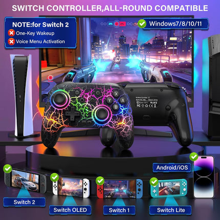 Switch Controller Wireless for Nintendo Switch/OLED/Lite/Switch 2, 1000mAh Rechargeable Pro Controllers with 9 Colors LED Light, Switch Remote Control Gamepad with Turbo, Vibration,6 Axis Gyro
