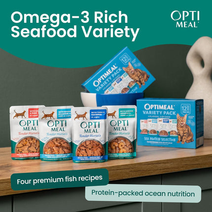 Optimeal Wet Cat Food Variety Pack - Sea Protein Selection, Grain Free Tender Morsels, High Protein Premium Nutrition Made with Natural European Ingredients, Adult Cat Pouches 3oz (Pack of 12)