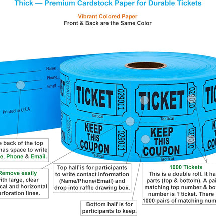 1000 Tacticai Raffle Tickets, Blue (1 of 8 Colors), Double Roll, Ticket for Events, Entry, Class Reward, Fundraiser & Prizes